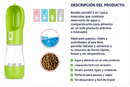 Botella portátil 2 en 1 para mascotas (agua + alimento)